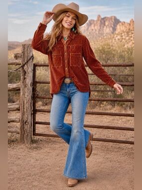 Umgee Burnt Orange Ribbed Velvet Button-Down Shirt, Boho, Western, Size Small
